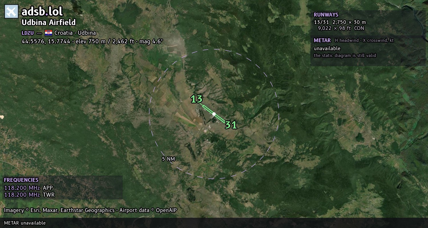 Satellite map with the runway layout of Udbina Airfield (LDZU)