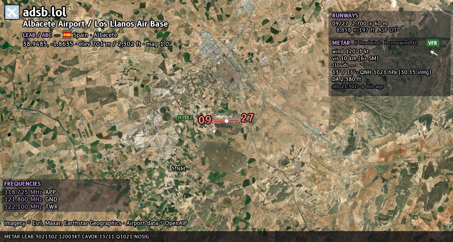 Satellite map with the runway layout of Albacete Airport / Los Llanos Air Base (LEAB)