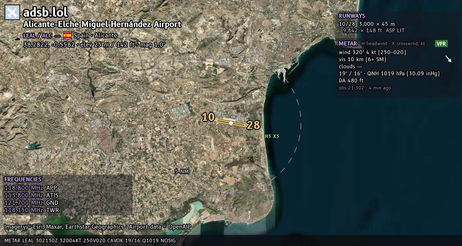 Satellite map with the runway layout of Alicante-Elche Miguel Hernández Airport (LEAL)