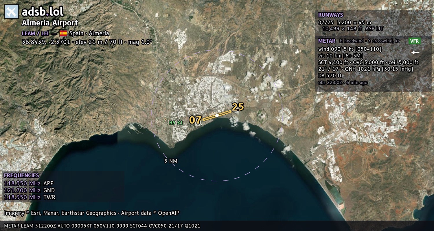 Satellite map with the runway layout of Almería Airport (LEAM)