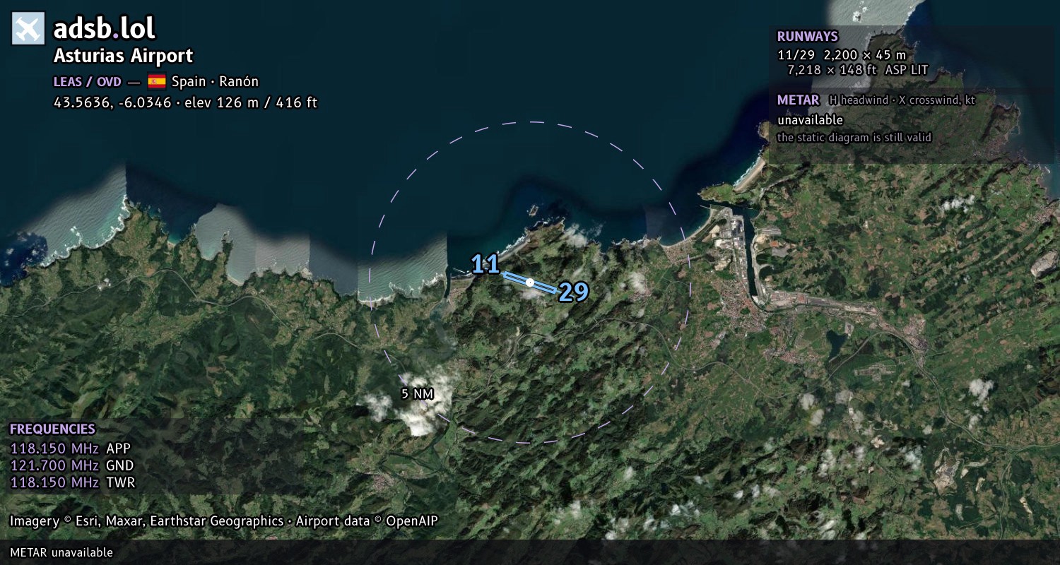 Satellite map with the runway layout of Asturias Airport (LEAS)