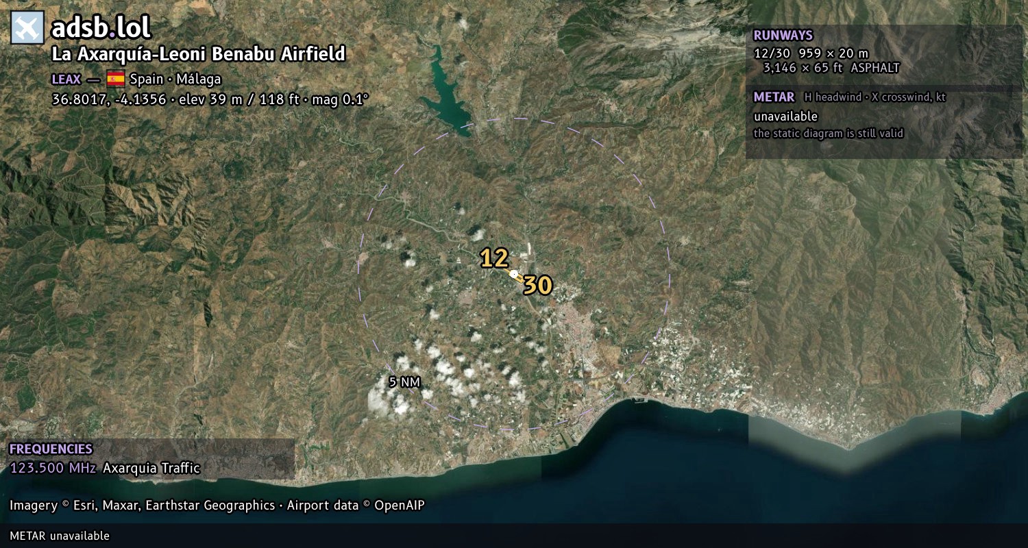 Satellite map with the runway layout of La Axarquía-Leoni Benabu Airfield (LEAX)