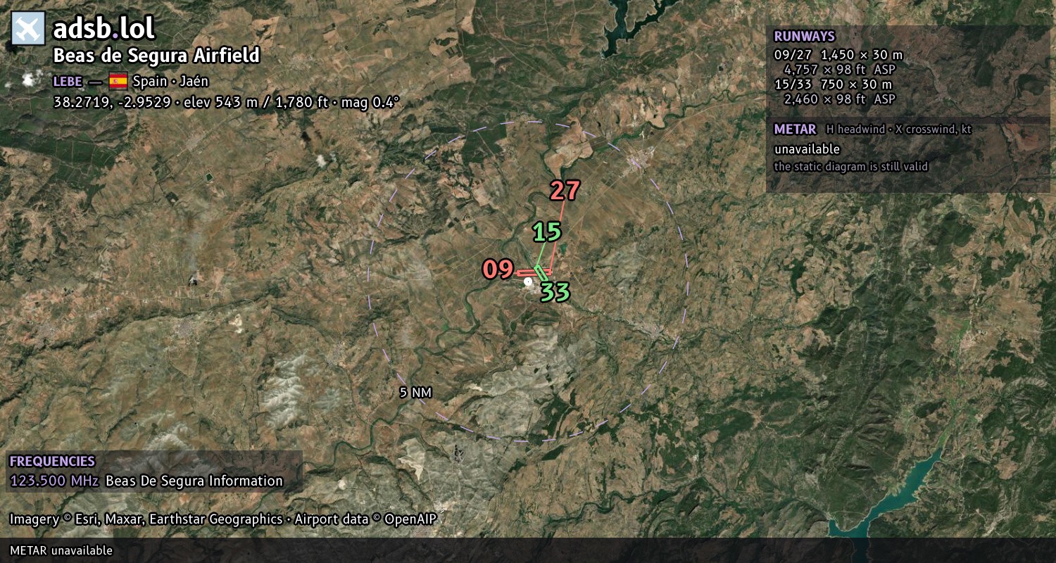 Satellite map with the runway layout of Beas de Segura Airfield (LEBE)