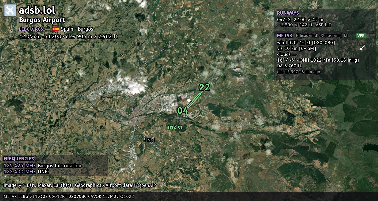 Satellite map with the runway layout of Burgos Airport (LEBG)