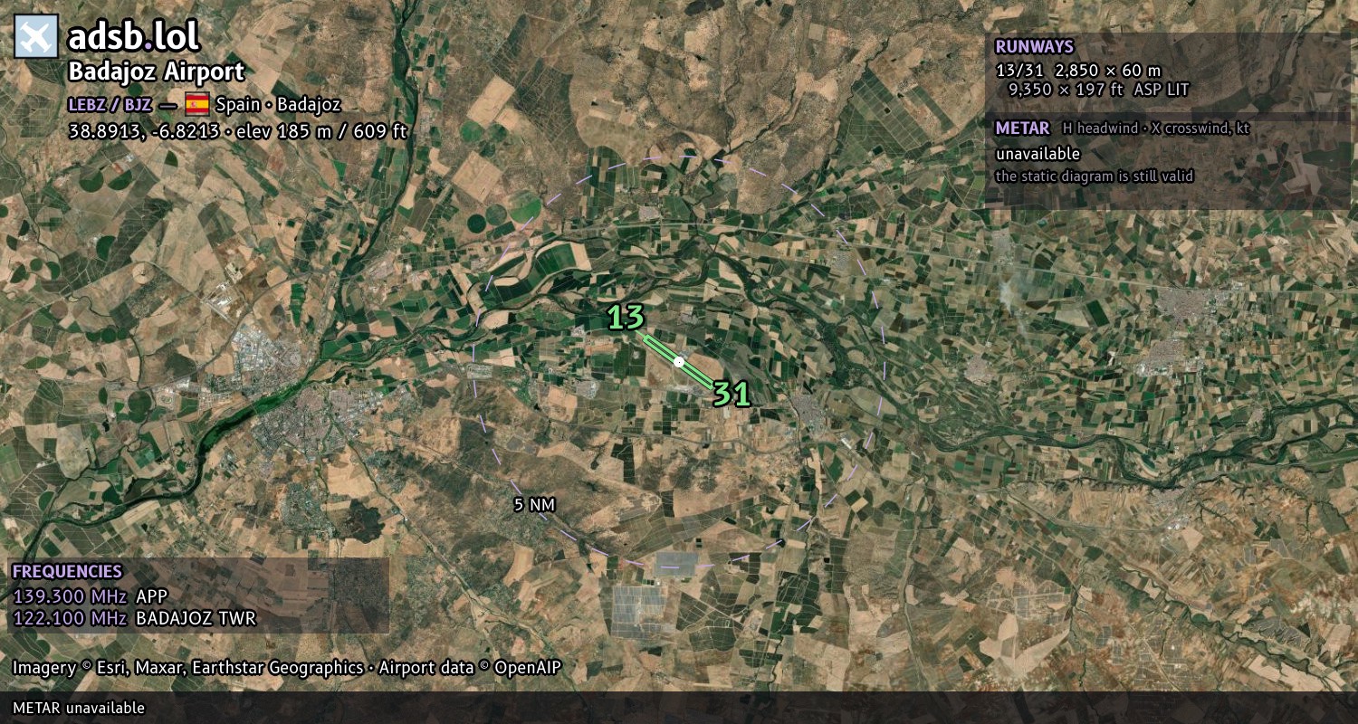 Satellite map with the runway layout of Badajoz Airport (LEBZ)
