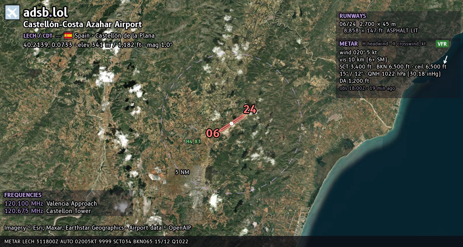 Satellite map with the runway layout of Castellón-Costa Azahar Airport (LECH)