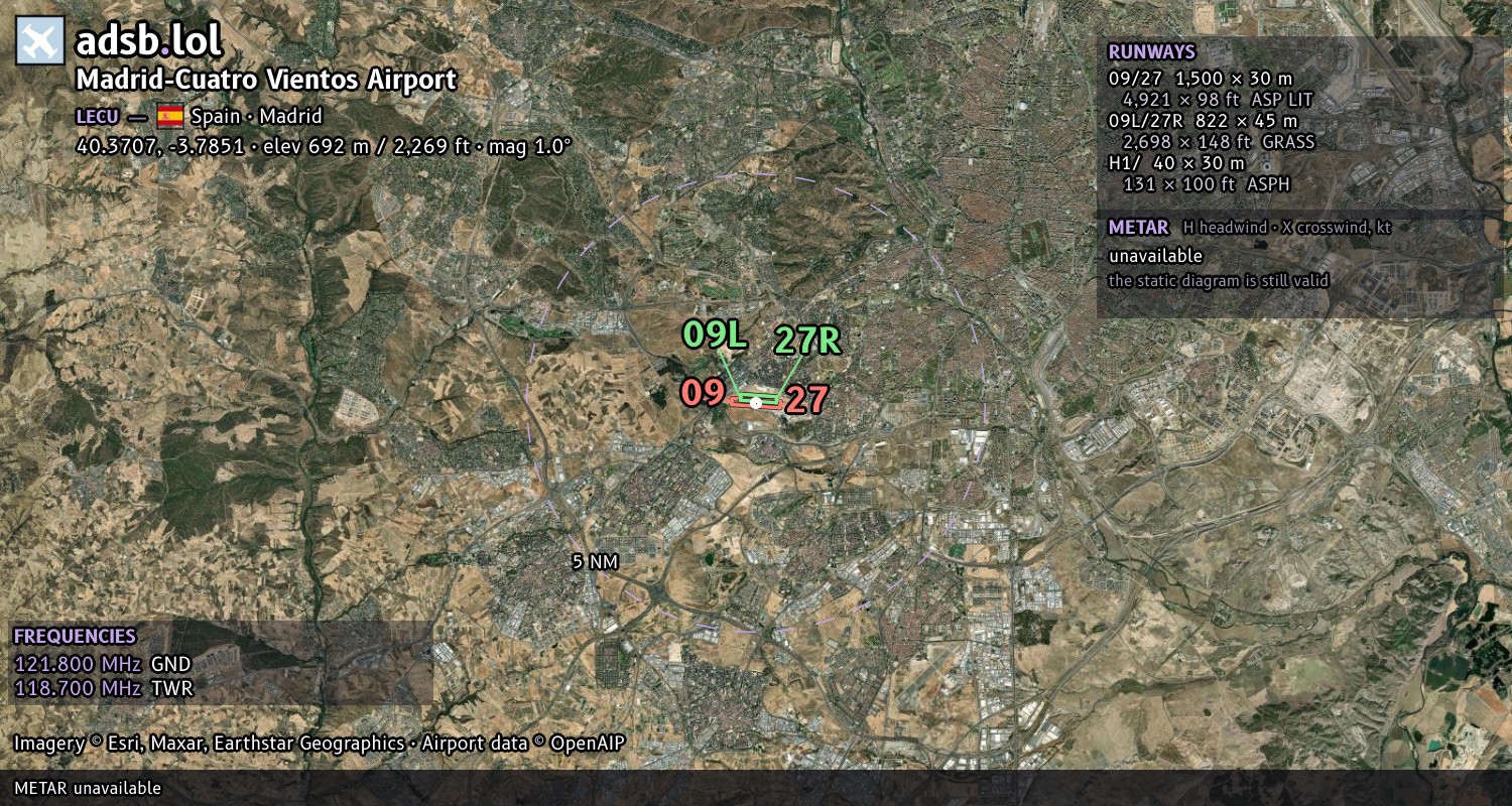 Satellite map with the runway layout of Madrid-Cuatro Vientos Airport (LECU)