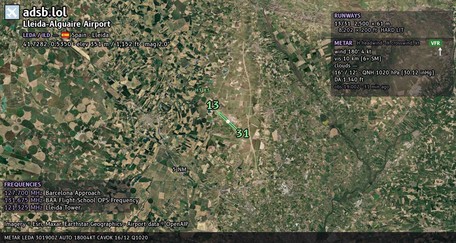 Satellite map with the runway layout of Lleida-Alguaire Airport (LEDA)