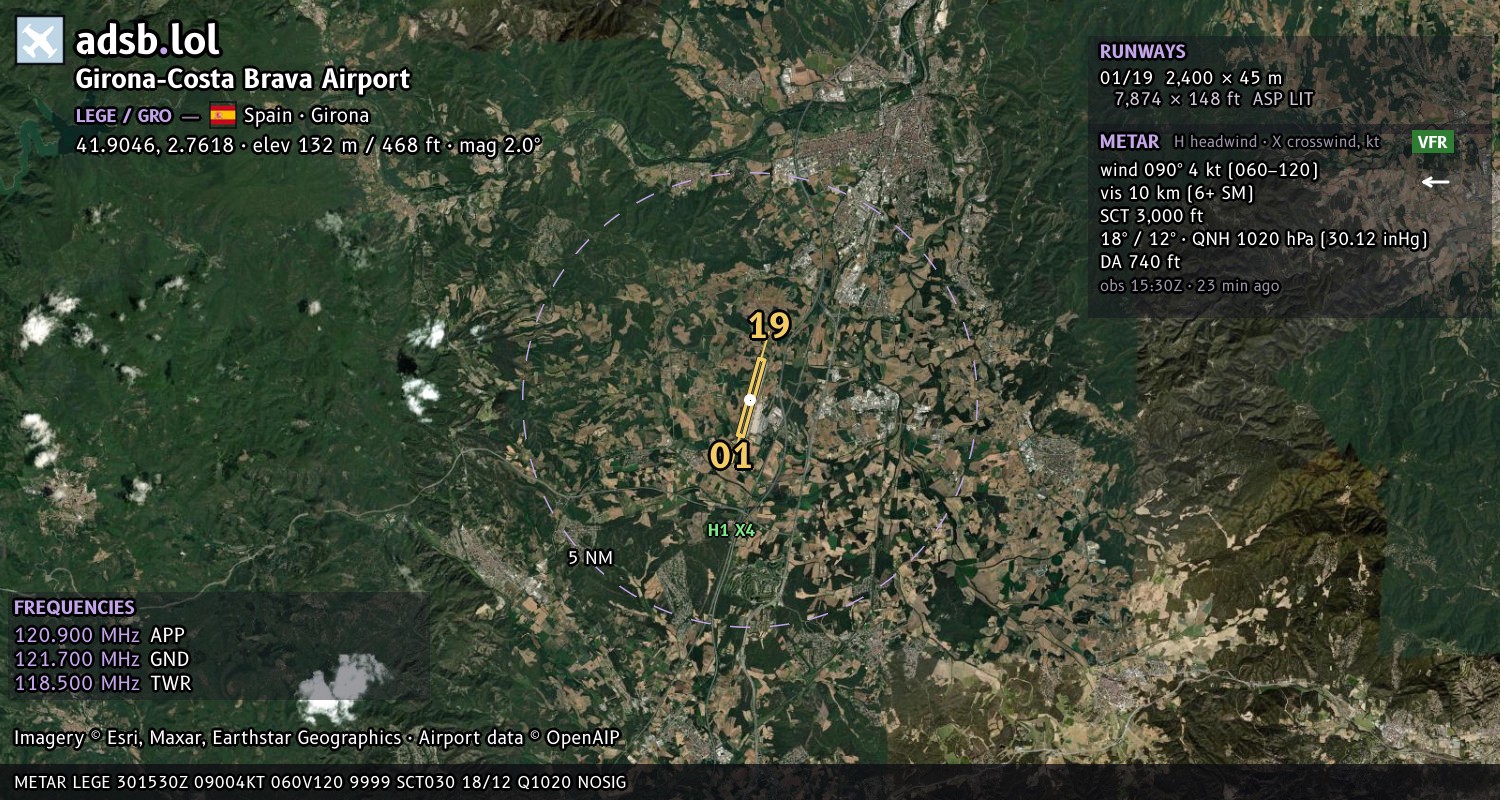 Satellite map with the runway layout of Girona-Costa Brava Airport (LEGE)