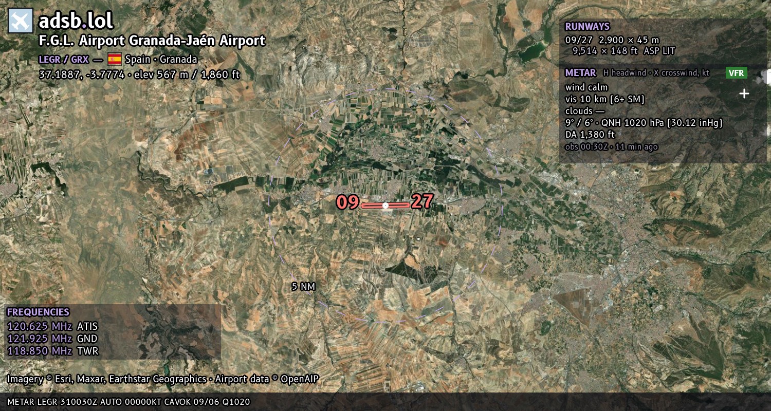 Satellite map with the runway layout of F.G.L. Airport Granada-Jaén Airport (LEGR)