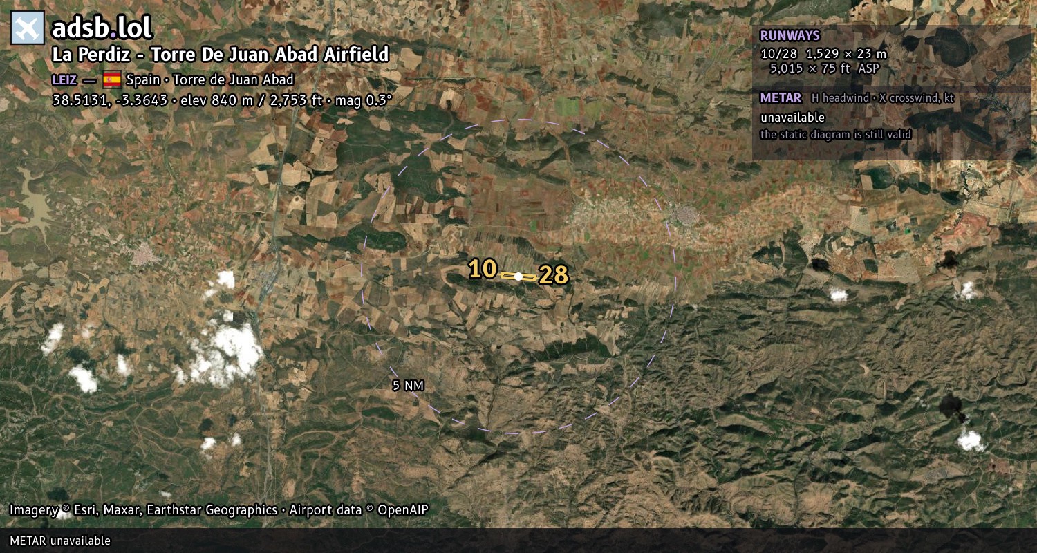 Satellite map with the runway layout of La Perdiz - Torre De Juan Abad Airfield (LEIZ)