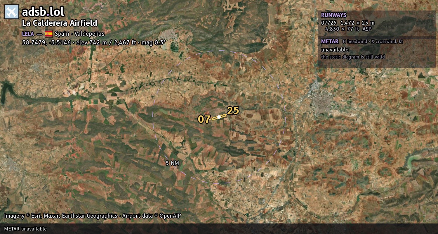 Satellite map with the runway layout of La Calderera Airfield (LELA)