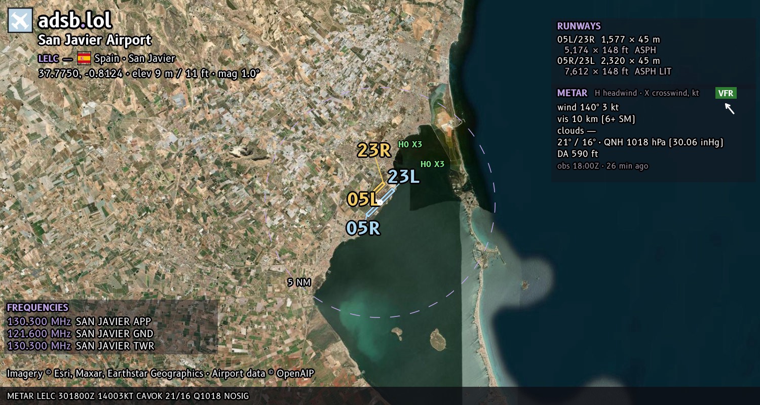 Satellite map with the runway layout of San Javier Airport (LELC)