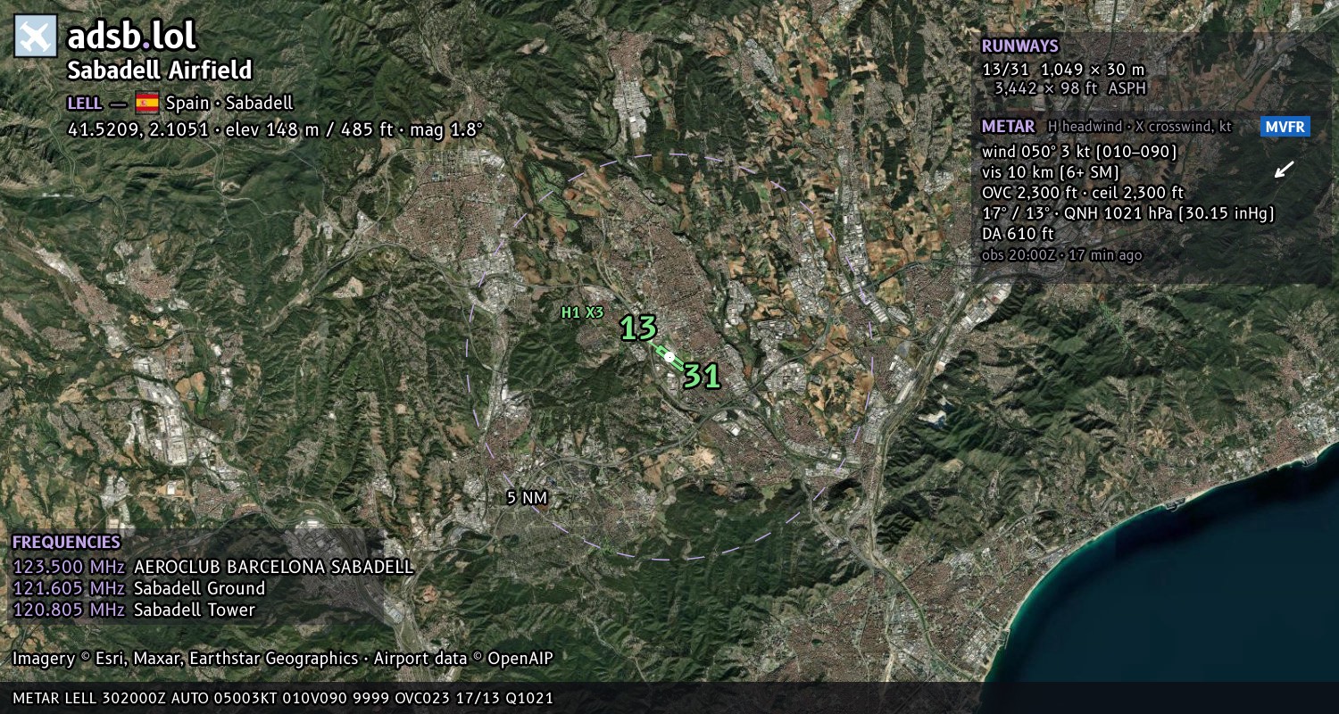 Satellite map with the runway layout of Sabadell Airfield (LELL)