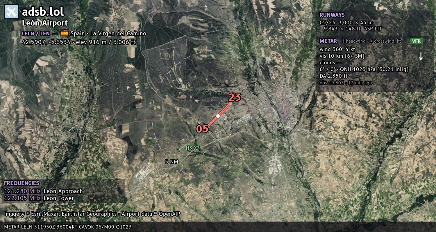 Satellite map with the runway layout of León Airport (LELN)