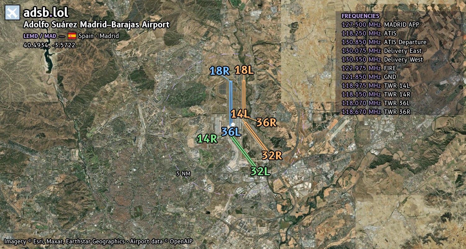 Satellite map with the runway layout of Adolfo Suárez Madrid–Barajas Airport (LEMD)
