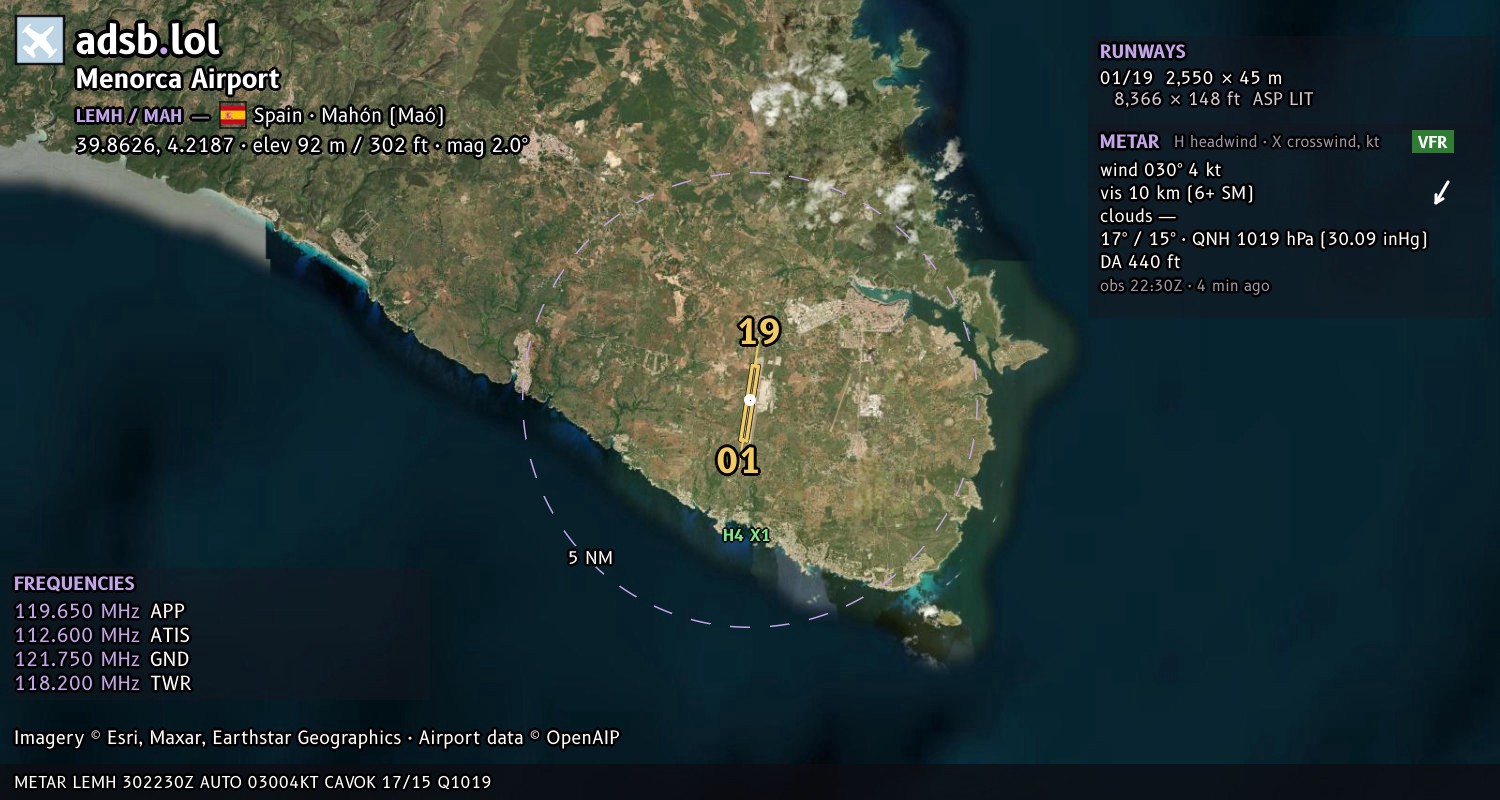 Satellite map with the runway layout of Menorca Airport (LEMH)