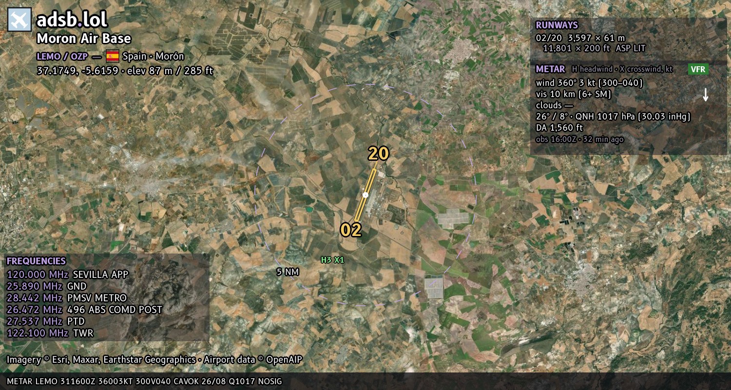 Satellite map with the runway layout of Moron Air Base (LEMO)