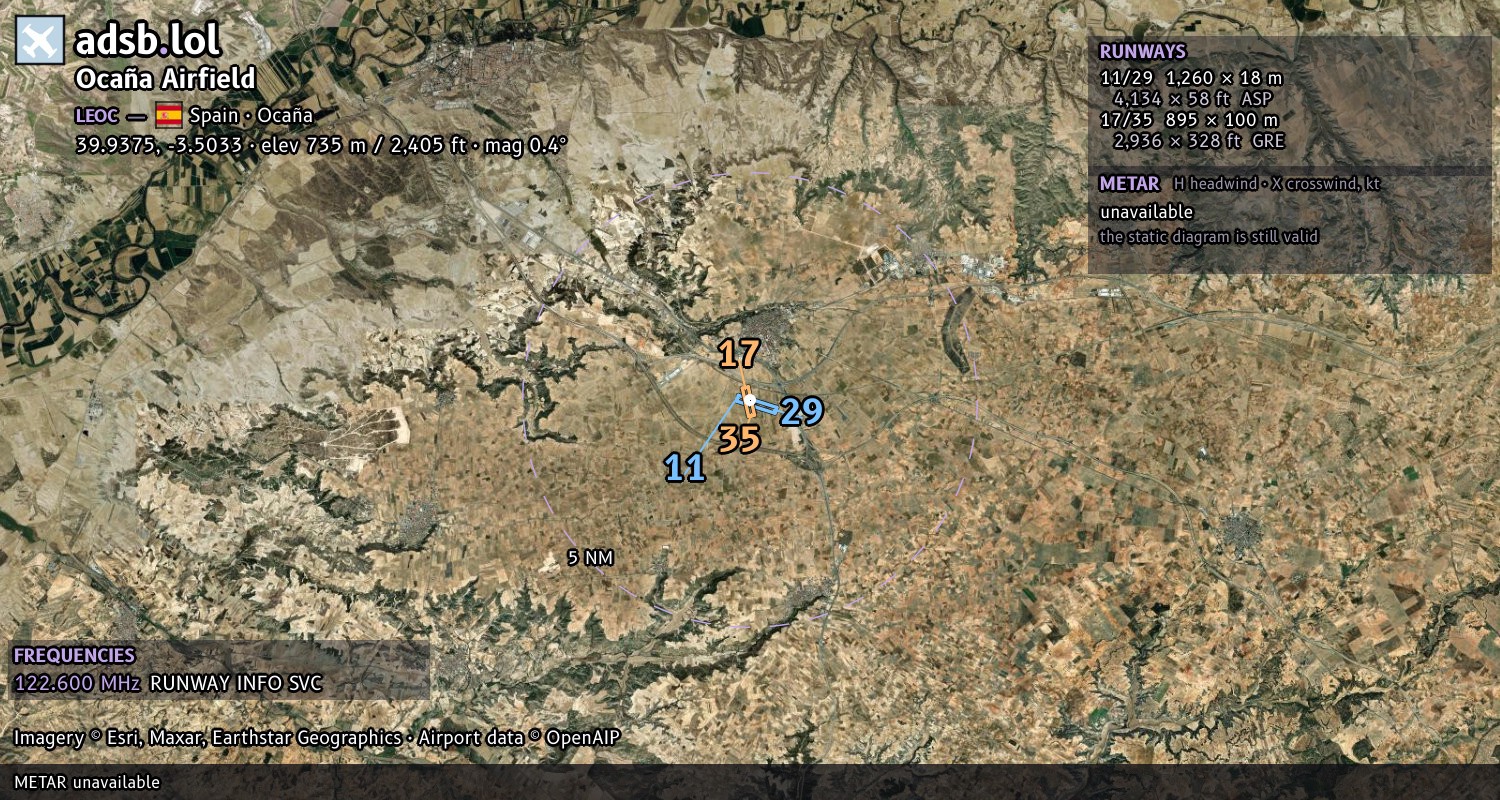 Satellite map with the runway layout of Ocaña Airfield (LEOC)