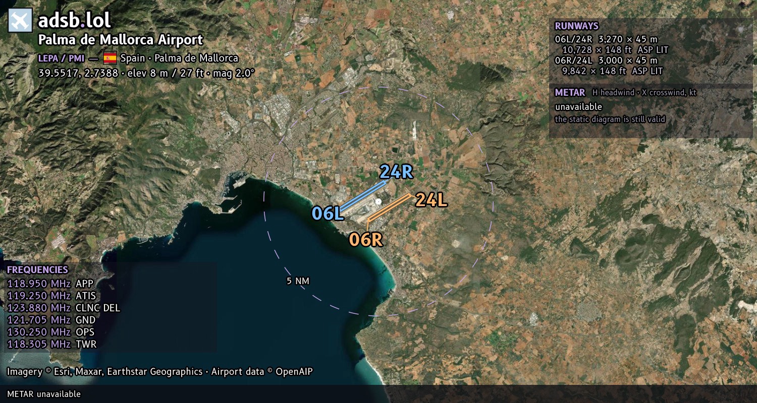Satellite map with the runway layout of Palma de Mallorca Airport (LEPA)
