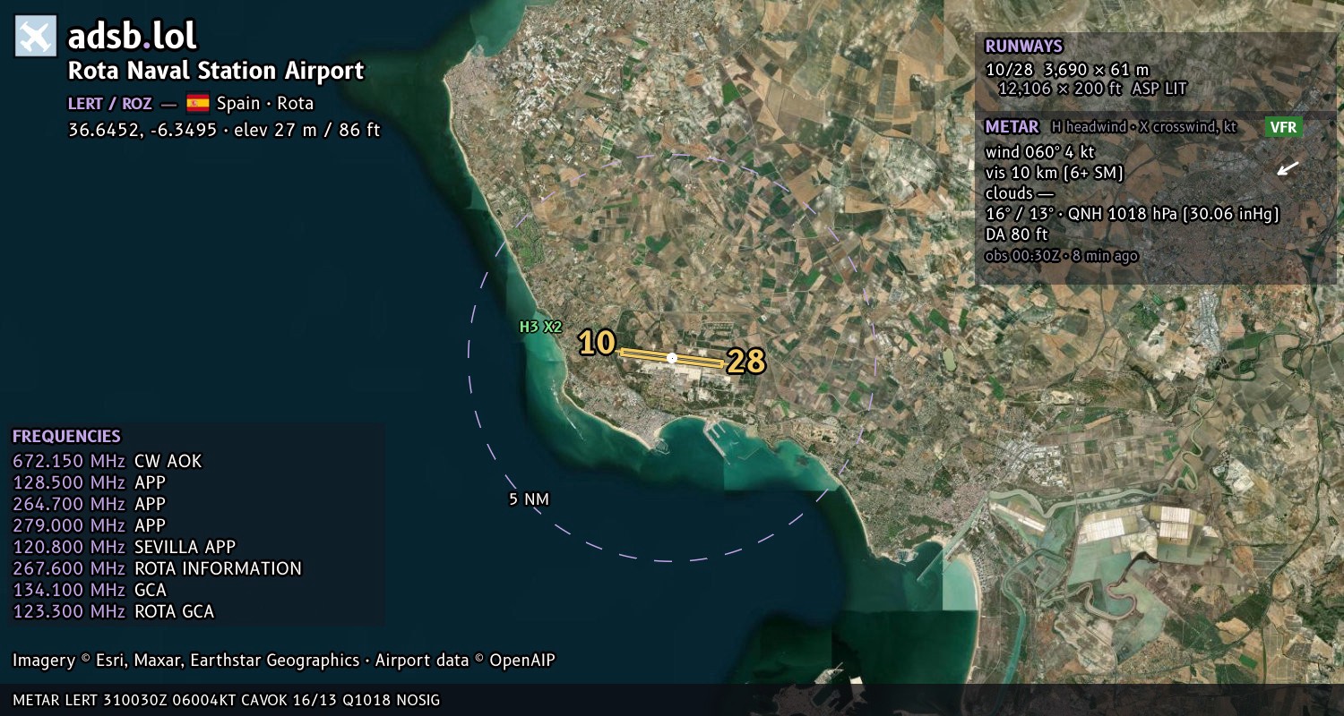 Satellite map with the runway layout of Rota Naval Station Airport (LERT)