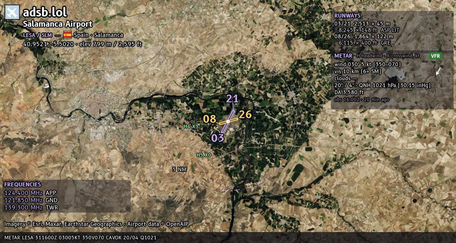 Satellite map with the runway layout of Salamanca Airport (LESA)
