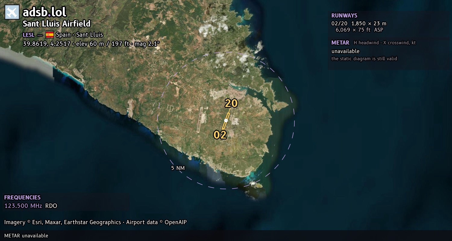 Satellite map with the runway layout of Sant Lluis Airfield (LESL)