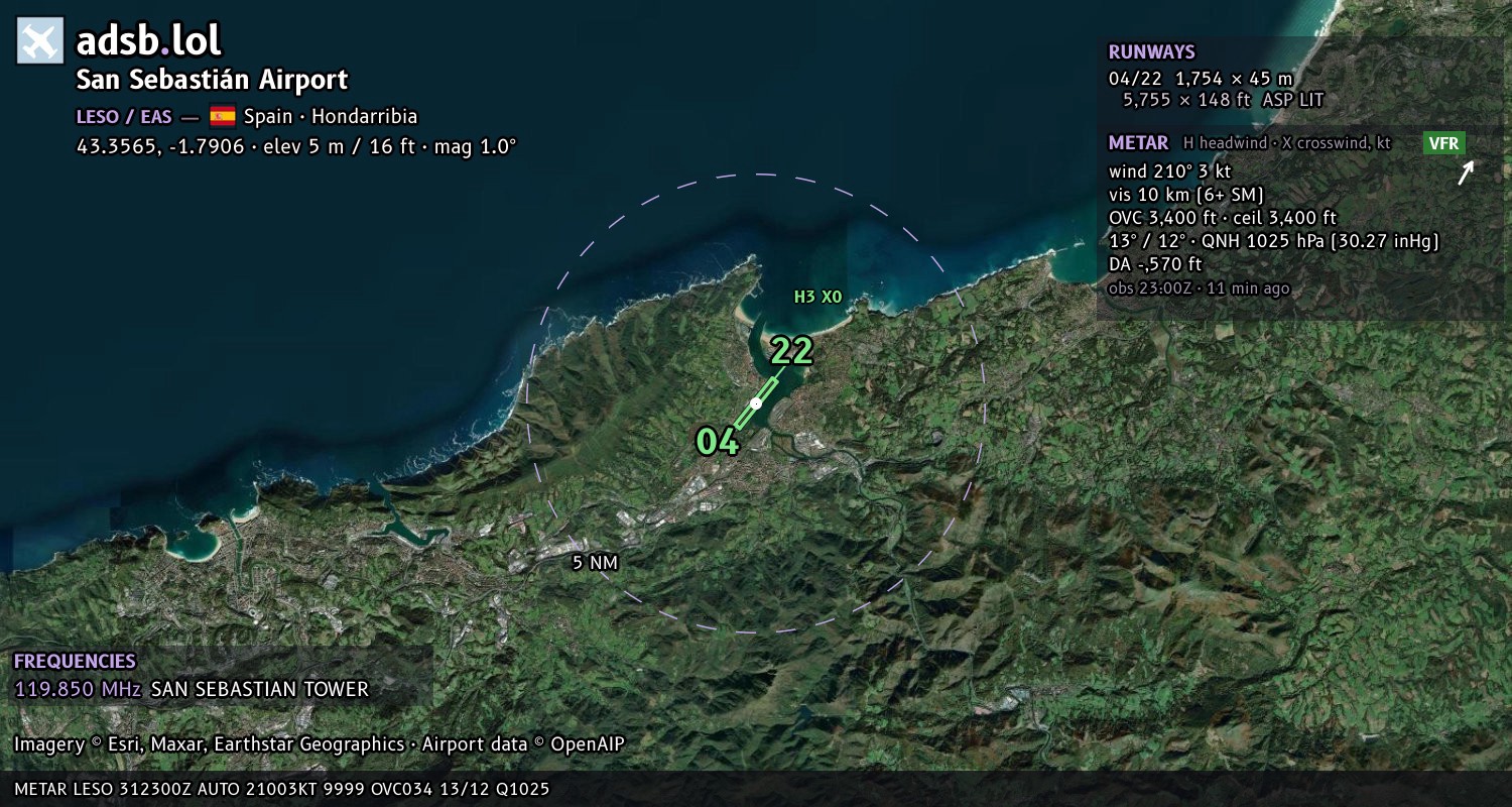 Satellite map with the runway layout of San Sebastián Airport (LESO)