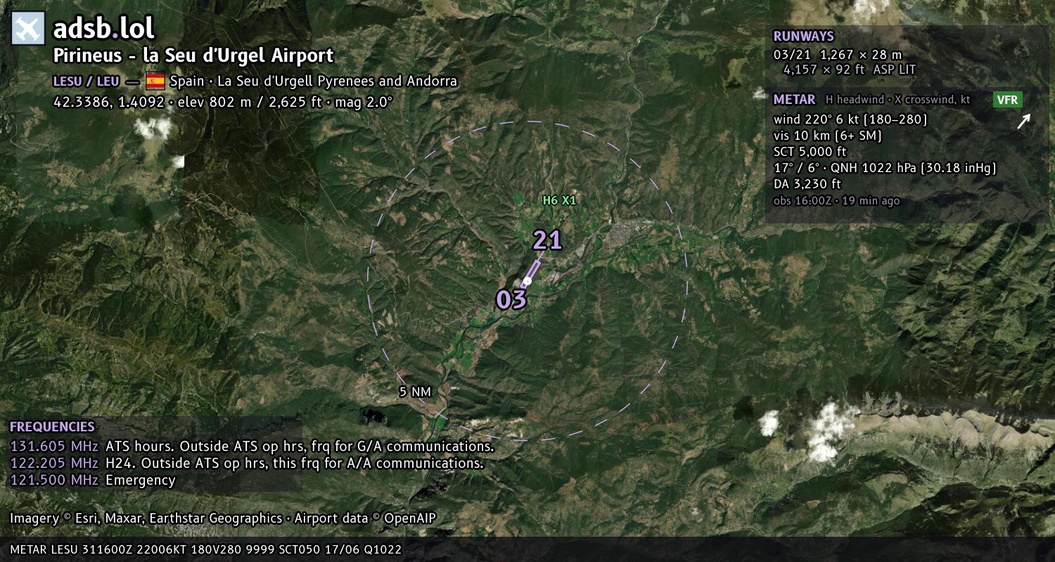 Satellite map with the runway layout of Pirineus - la Seu d'Urgel Airport (LESU)