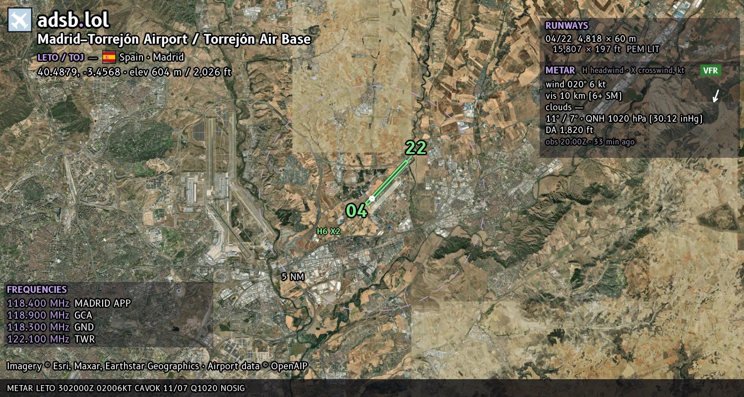 Satellite map with the runway layout of Madrid–Torrejón Airport / Torrejón Air Base (LETO)