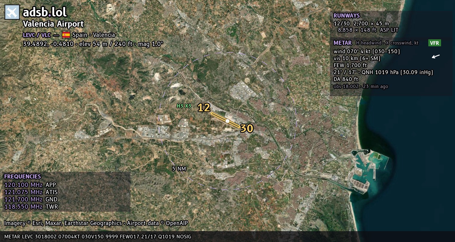 Satellite map with the runway layout of Valencia Airport (LEVC)