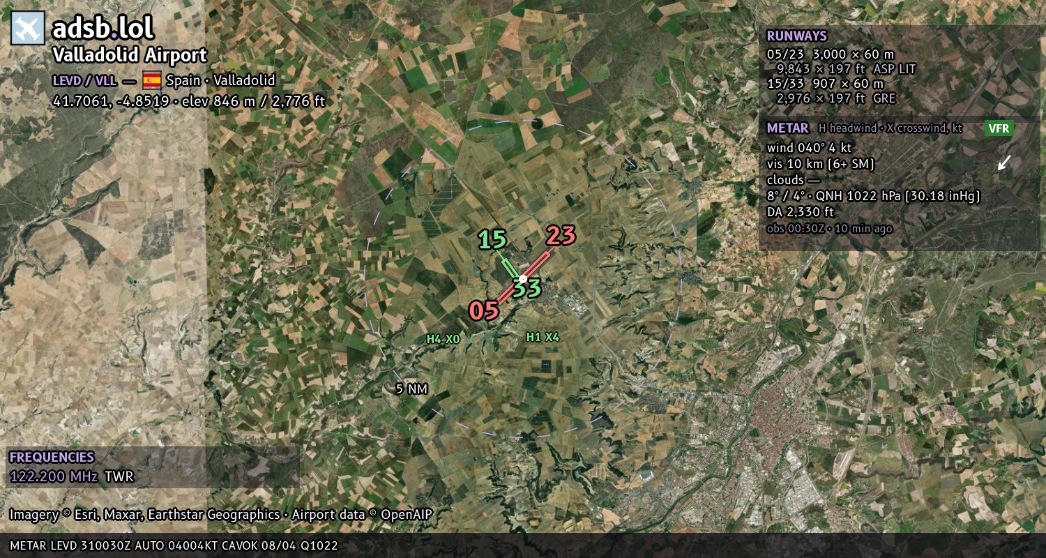 Satellite map with the runway layout of Valladolid Airport (LEVD)