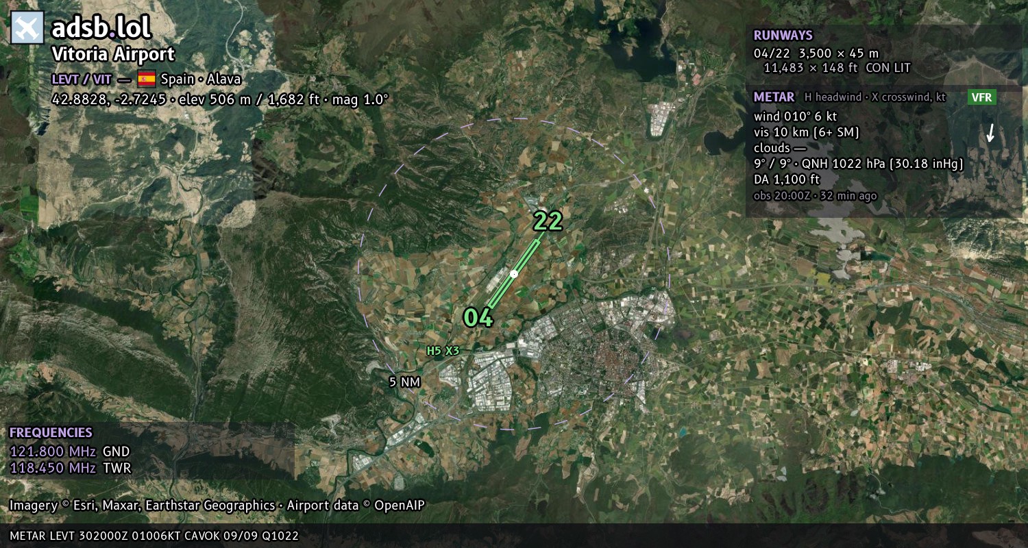 Satellite map with the runway layout of Vitoria Airport (LEVT)
