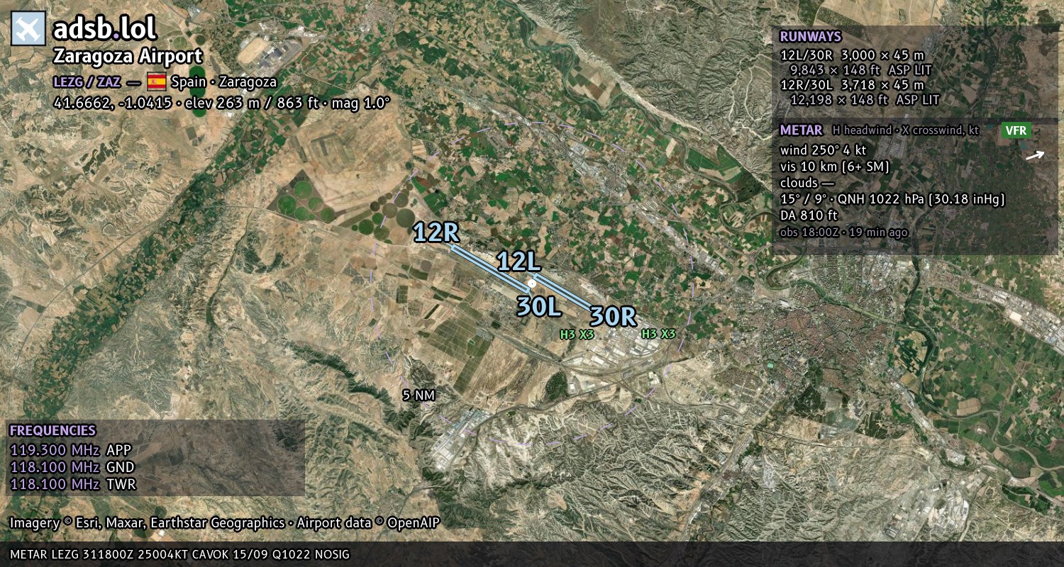 Satellite map with the runway layout of Zaragoza Airport (LEZG)
