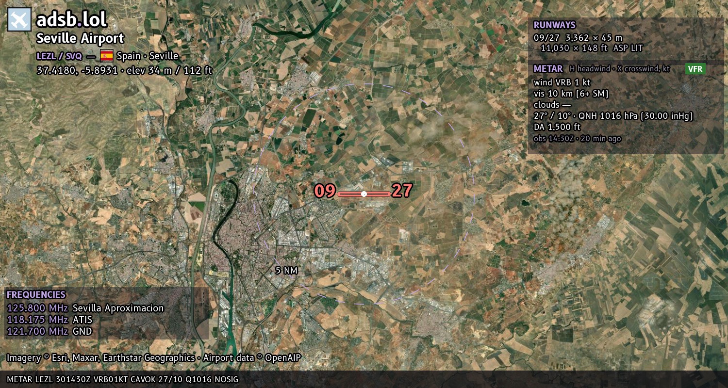 Satellite map with the runway layout of Seville Airport (LEZL)