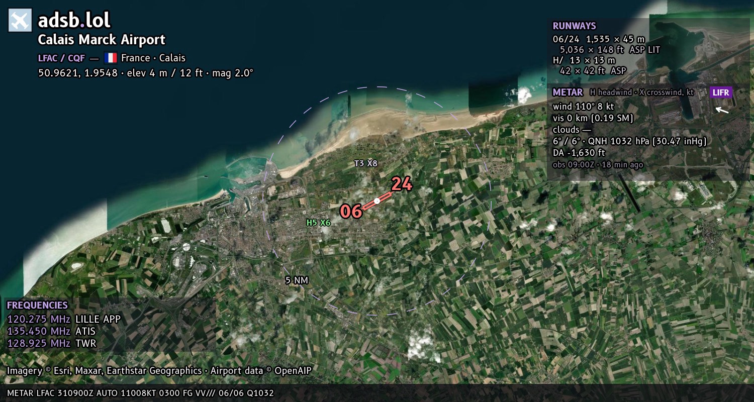 Satellite map with the runway layout of Calais Marck Airport (LFAC)
