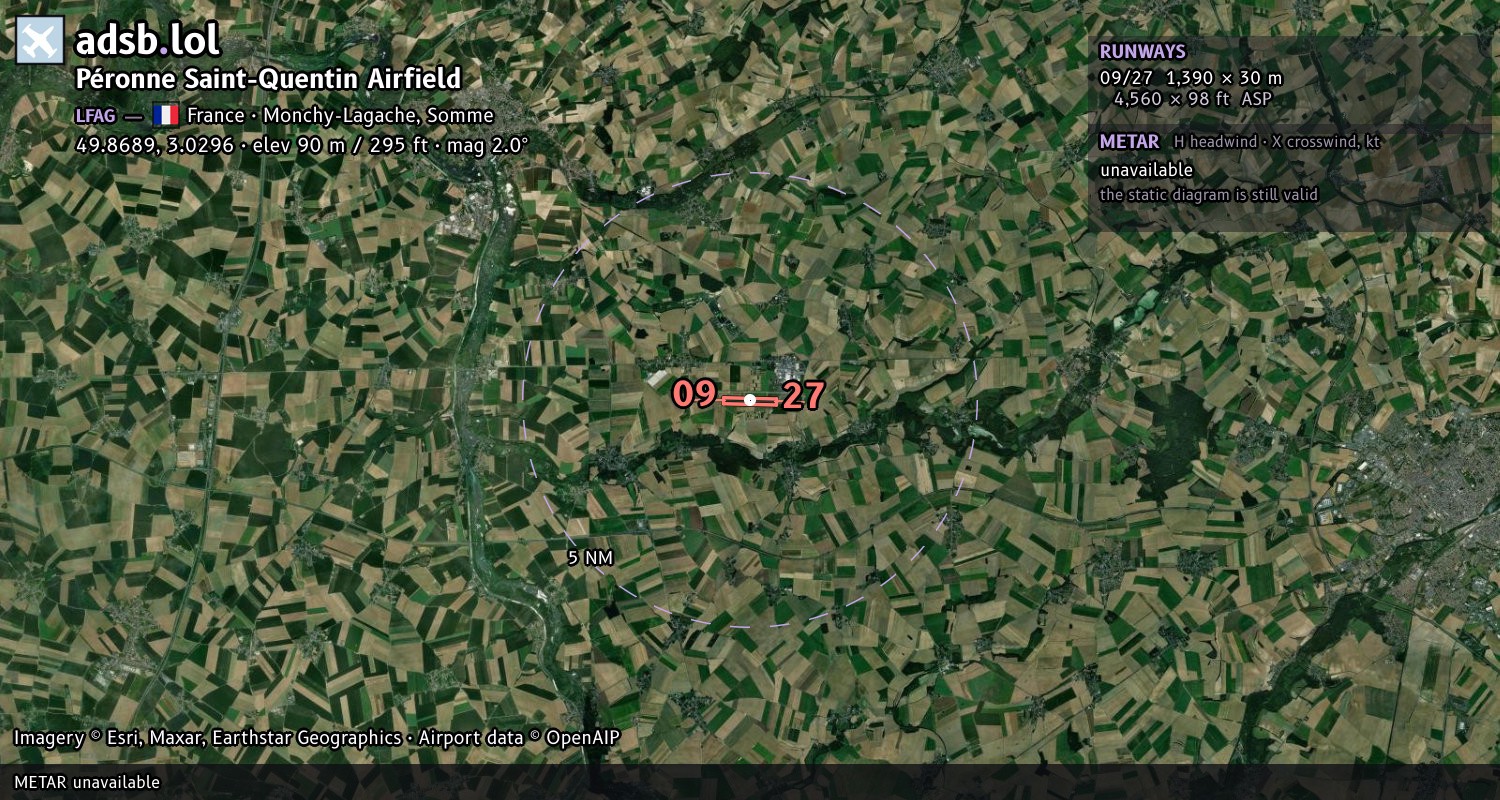 Satellite map with the runway layout of Péronne Saint-Quentin Airfield (LFAG)