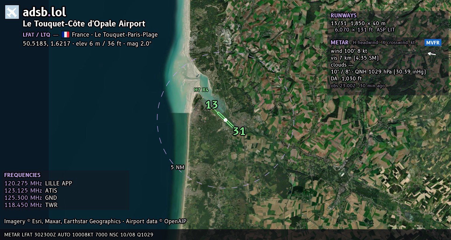 Satellite map with the runway layout of Le Touquet-Côte d'Opale Airport (LFAT)