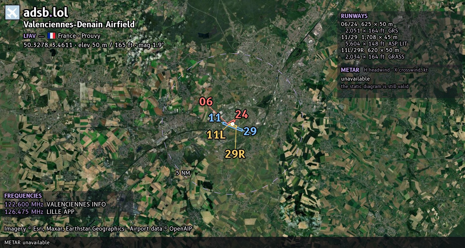 Satellite map with the runway layout of Valenciennes-Denain Airfield (LFAV)