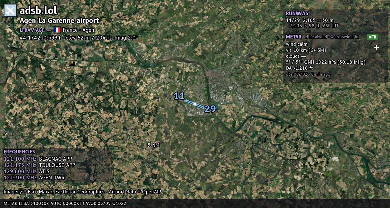 Satellite map with the runway layout of Agen La Garenne airport (LFBA)