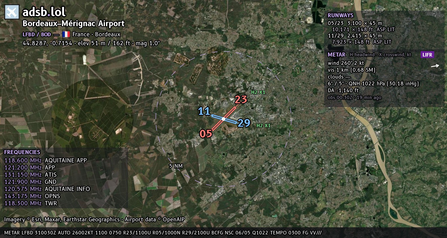 Satellite map with the runway layout of Bordeaux–Mérignac Airport (LFBD)
