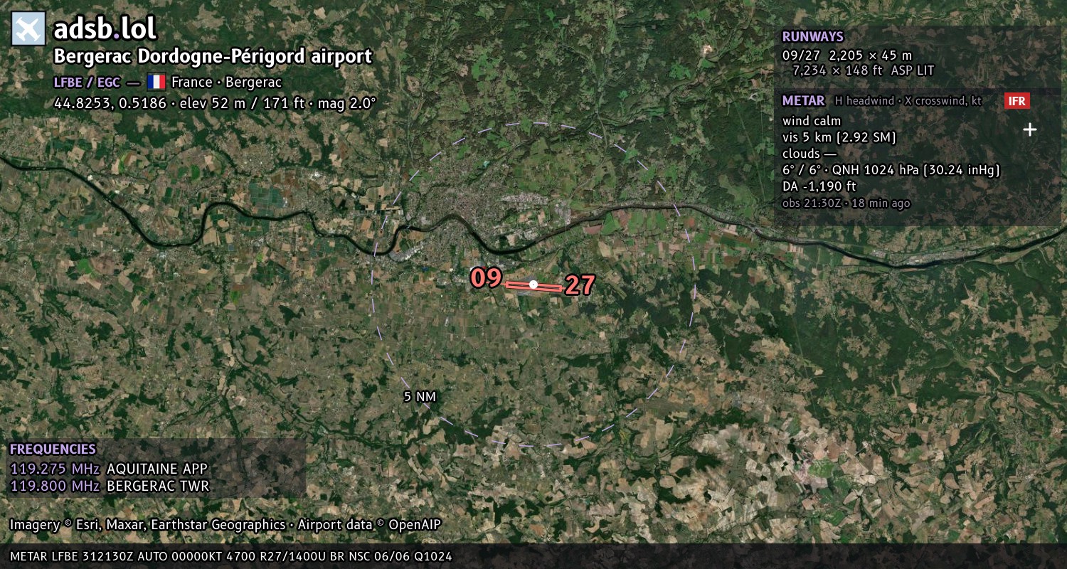Satellite map with the runway layout of Bergerac Dordogne-Périgord airport (LFBE)