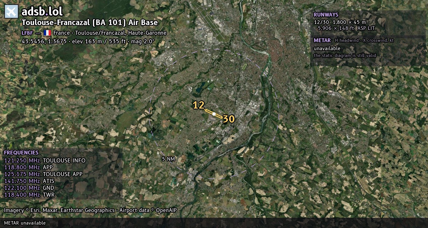Satellite map with the runway layout of Toulouse-Francazal (BA 101) Air Base (LFBF)