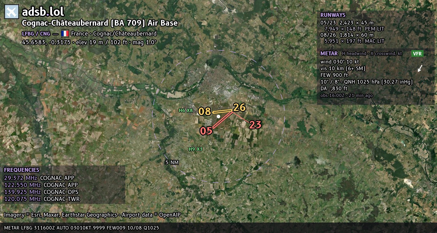 Satellite map with the runway layout of Cognac-Châteaubernard (BA 709) Air Base (LFBG)