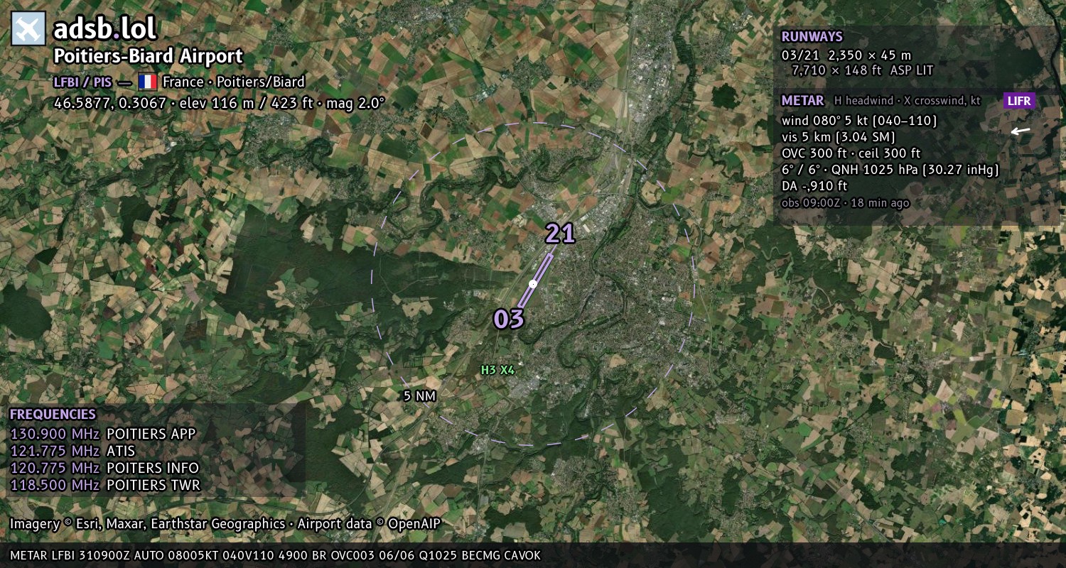 Satellite map with the runway layout of Poitiers-Biard Airport (LFBI)