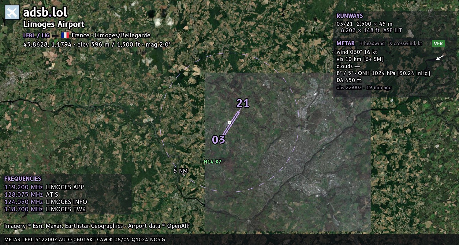 Satellite map with the runway layout of Limoges Airport (LFBL)