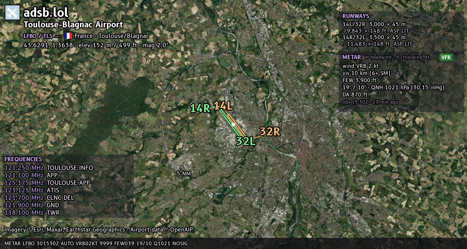 Satellite map with the runway layout of Toulouse-Blagnac Airport (LFBO)