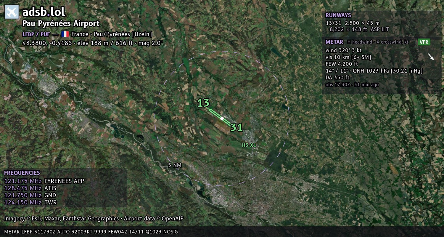 Satellite map with the runway layout of Pau Pyrénées Airport (LFBP)