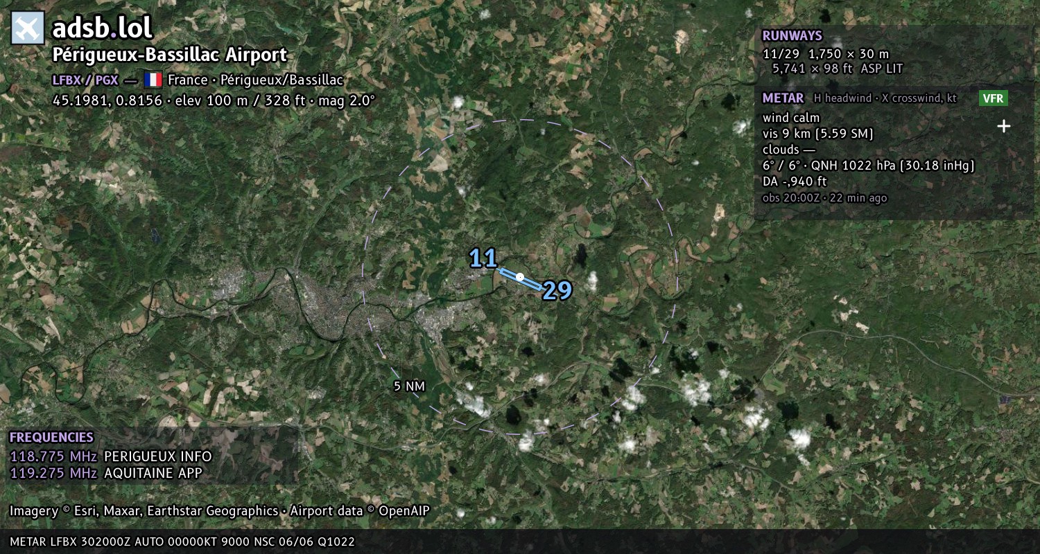 Satellite map with the runway layout of Périgueux-Bassillac Airport (LFBX)
