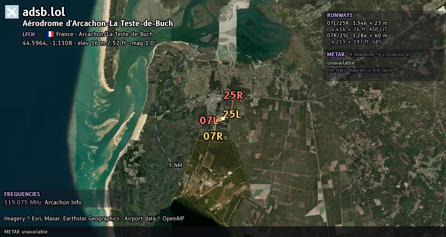 Satellite map with the runway layout of Aérodrome d'Arcachon-La Teste-de-Buch (LFCH)